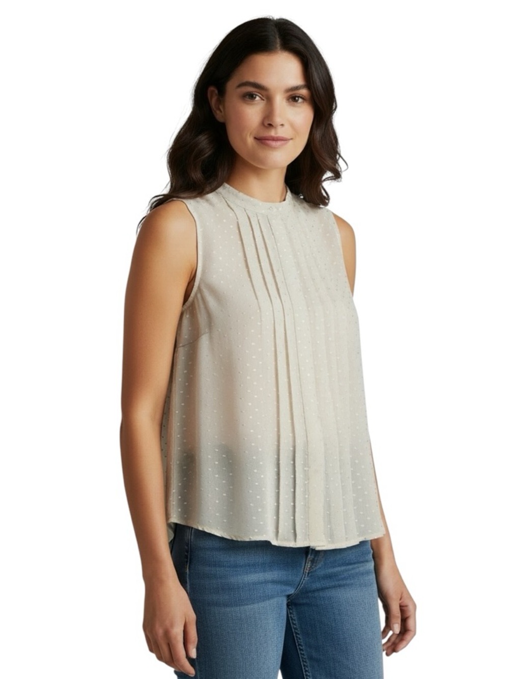 Madewell Silk Sleeveless Blouse Swiss Dot Pleated Front Cream Size S